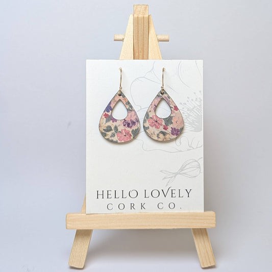 Hello Lovely Cork Co., Pink Pansies Cork Earrings, Small Teardrop