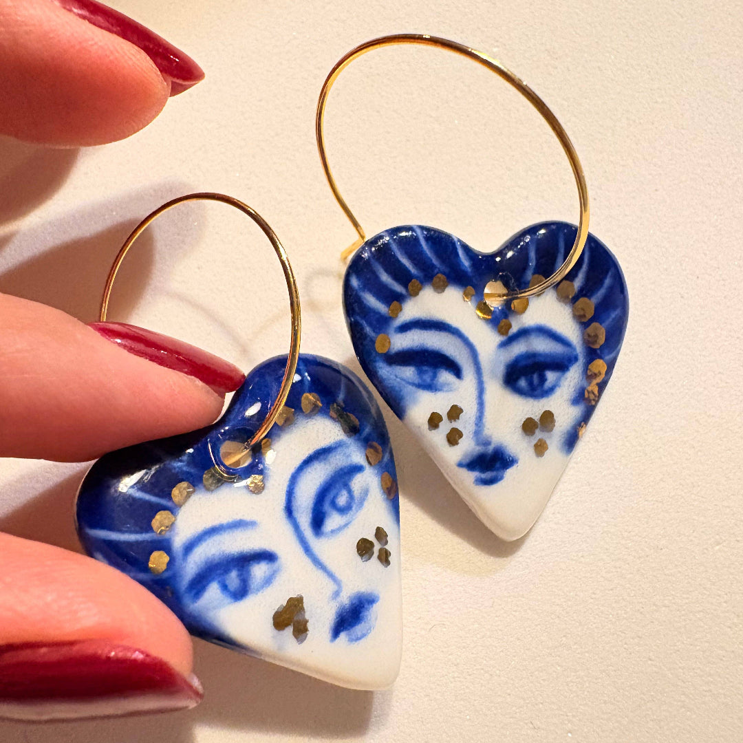 BitaJewells, Celestial Glance, Hand-Painted Porcelain Heart Earrings
