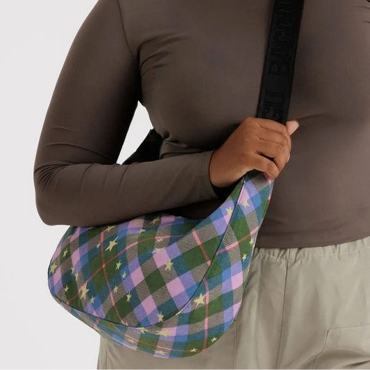 Baggu, Medium Nylon Crescent Bag, Green Star Plaid