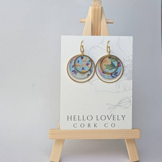 Hello Lovely Cork Co., Circle Cork and Brass Earrings, Spring Floral on Blue