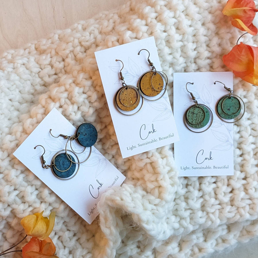 Hello Lovely Cork Co., Circle Cork and Brass Earrings, Bright Teal