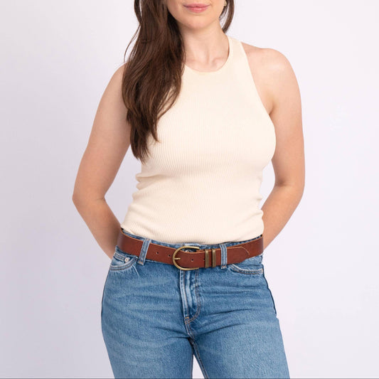 Pieta, Classic Leather Belt with Metal Keeper, Cognac, M-90