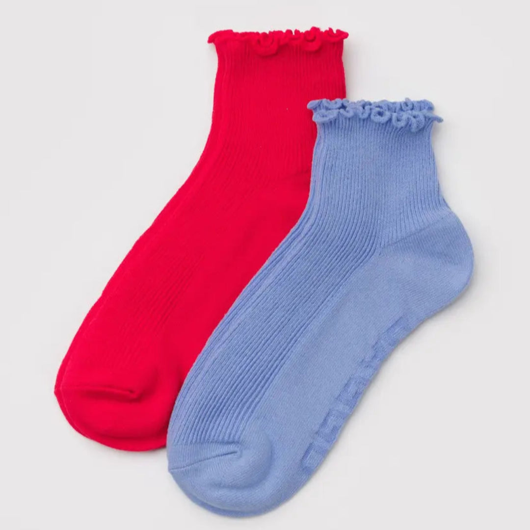 Baggu, Lettuce Edge Sock, Set or 2, Light Blue & Red