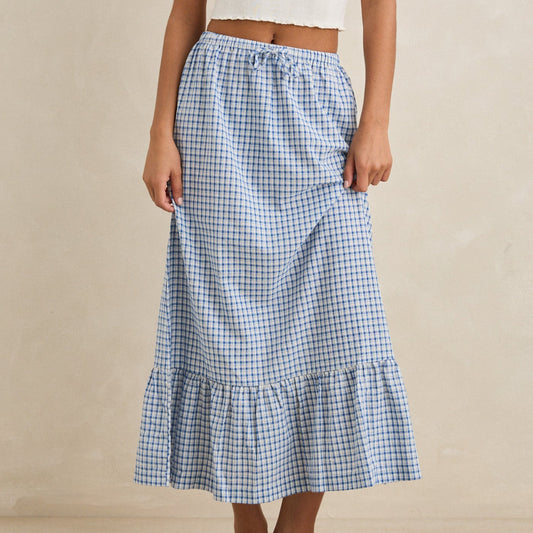 Rhythm, Lola Check Tiered Maxi Skirt, Blue