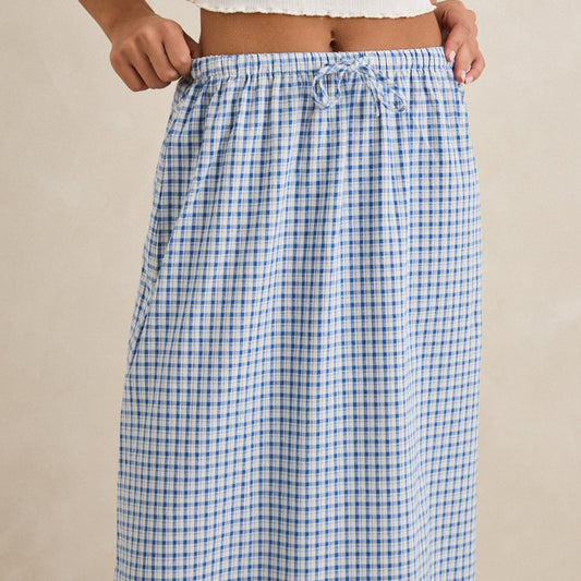 Rhythm, Lola Check Tiered Maxi Skirt, Blue