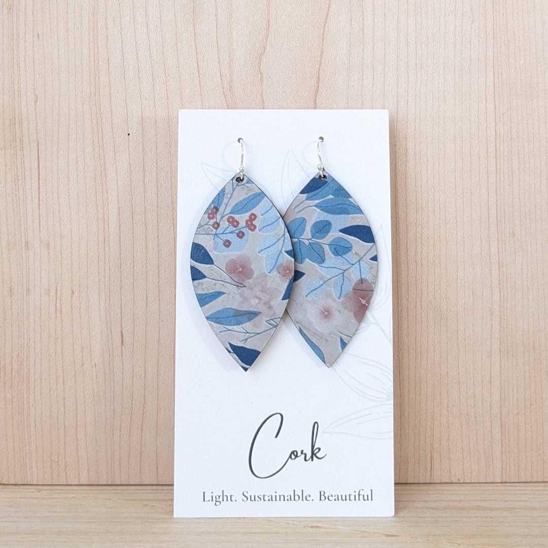 Blue Fall Leaves Cork Earrings, Leaf