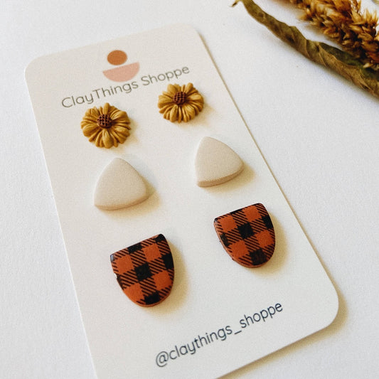 Fall Studs, Plaid, Sunflower and Cream Triangles