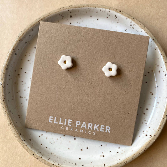 Ellie Parker, White Ceramic Flower Gold Accent Stud Earring