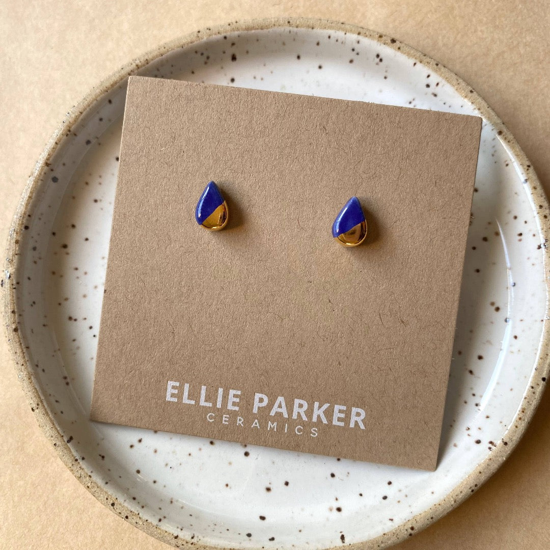 Ellie Parker, Navy Blue Ceramic Teardrop Gold Accent Stud Earring