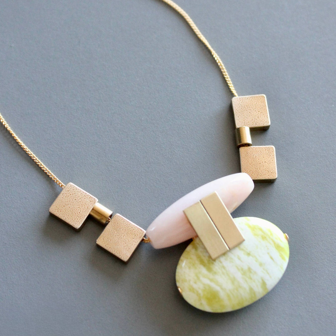 David Aubrey Jewelry, MLN1016 Pink Jade and Lemon Quartz Artdeco Necklace