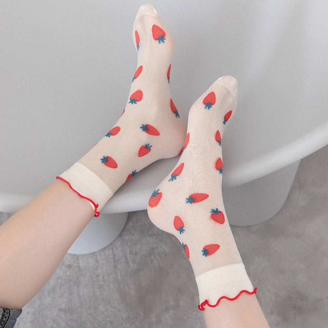 Rufia, Sheer Fruit Crew Socks, Strawberry