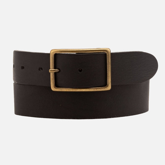 May, Classic Leather Belt with Rectangular Buckle, Black, M-90