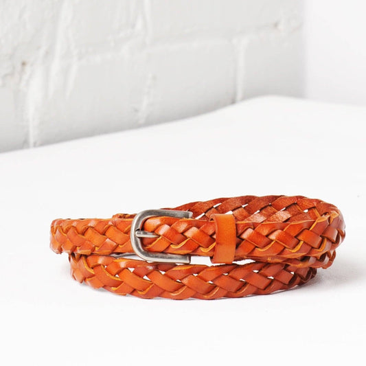 Uppdoo, Venice Hand-Woven Skinny Leather Belt, Royal Tan