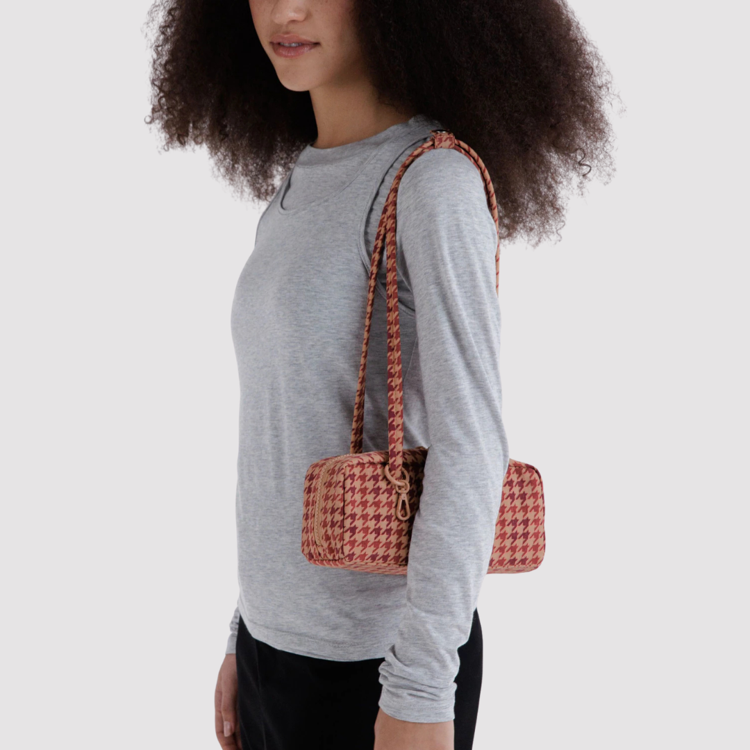 Baggu, Small Nylon Bowler Bag, Tan Houndstooth