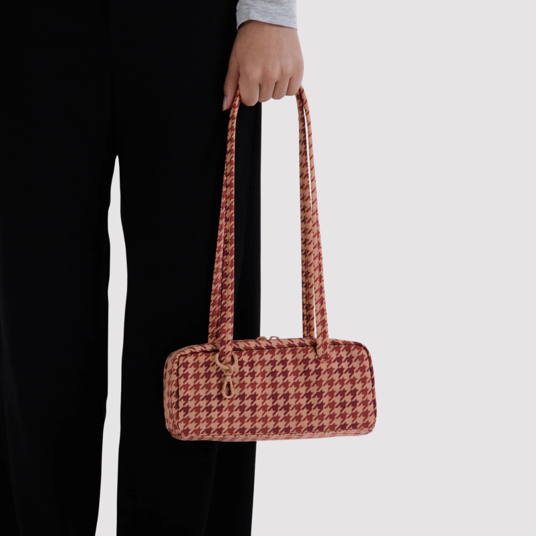 Baggu, Small Nylon Bowler Bag, Tan Houndstooth