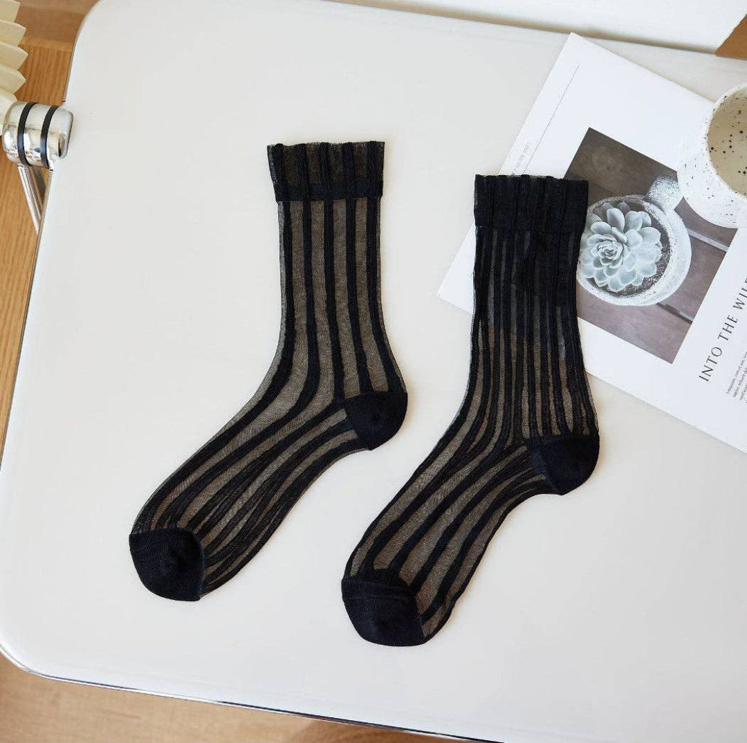 Rufia, Sheer Stripe Panel Crew Socks, Black