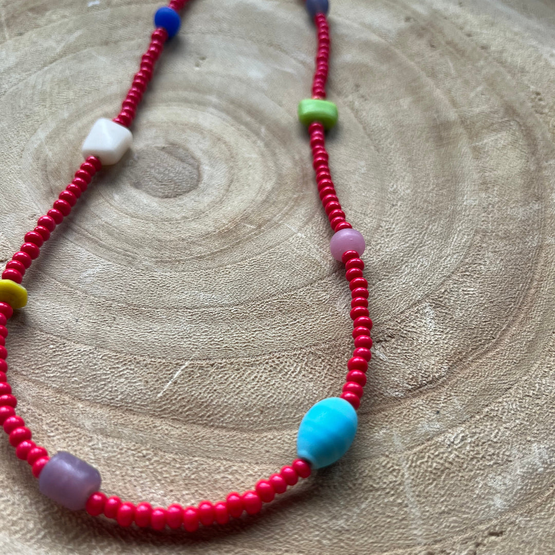 Modern Fable, Beaded Necklace, Red Beads #117
