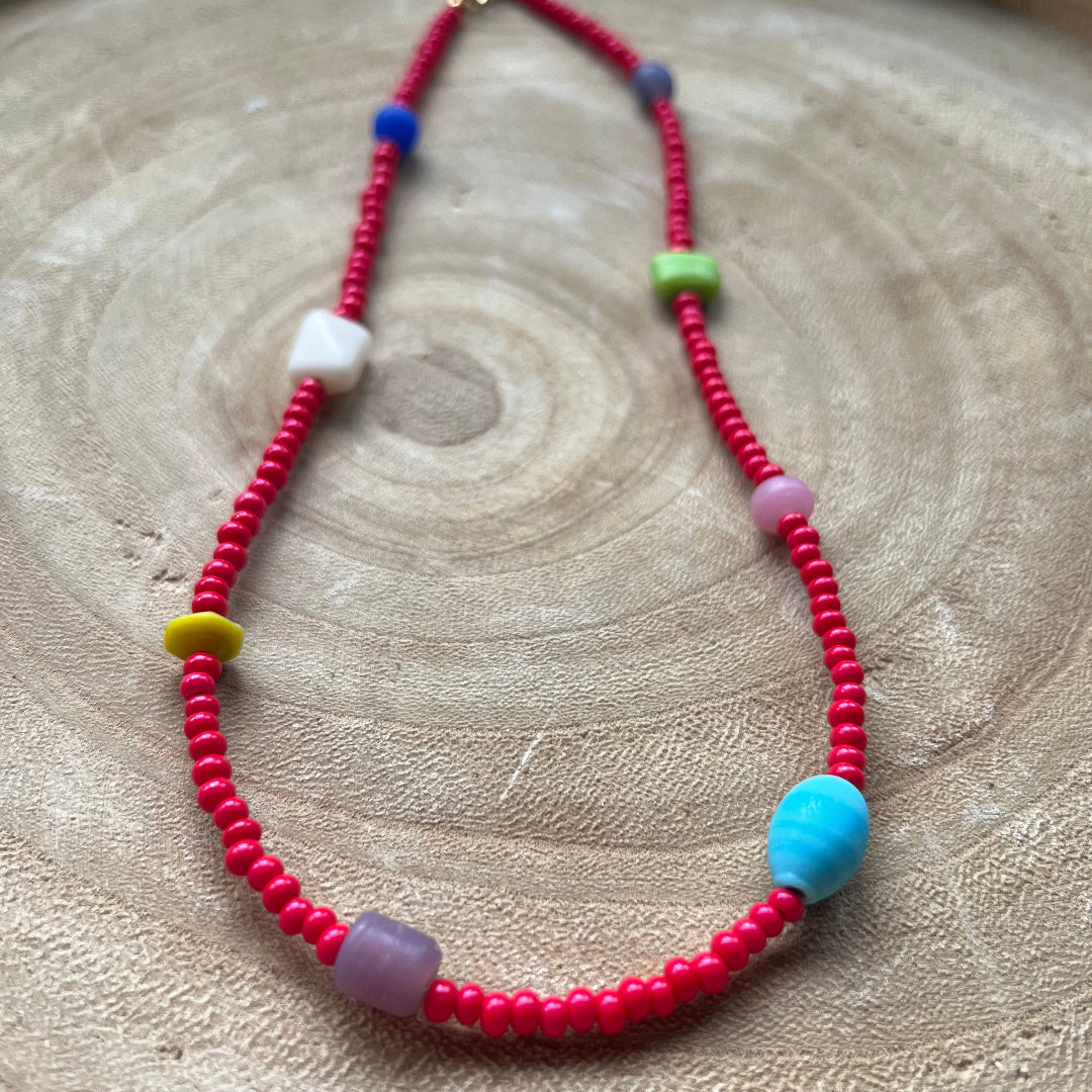 Modern Fable, Beaded Necklace, Red Beads #117