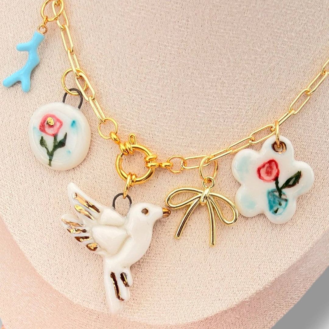 BitaJewells, Porcelain Dove & Rose Charm Necklace, Hand-Painted Ceramic on Gold Chain