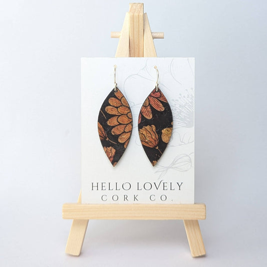 Hello Lovely Cork Co., Floral on Black Cork Earrings, Small Leaf