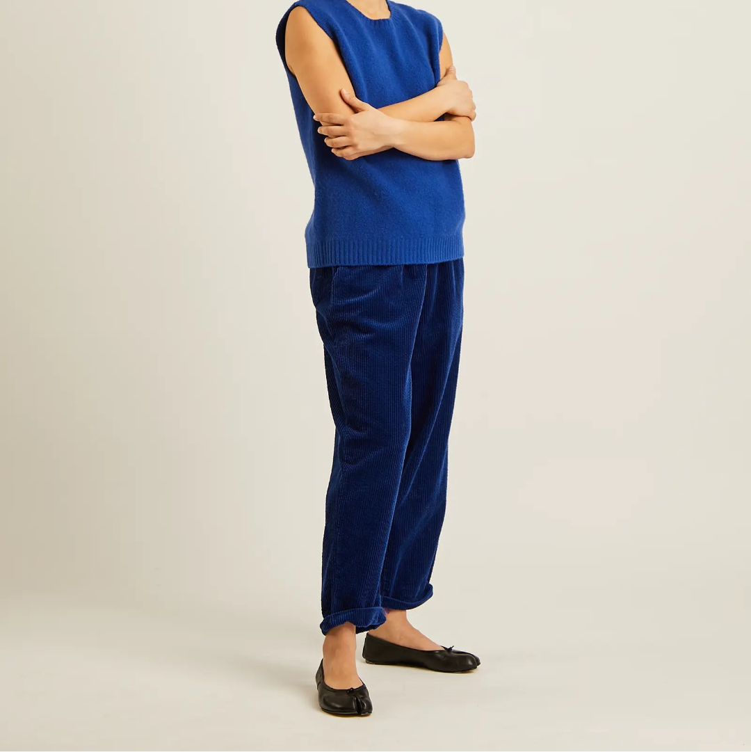 A model wearing a sleeveless royal blue knit vest and matching blue velvet trousers, paired with black flats, standing against a neutral light beige background.