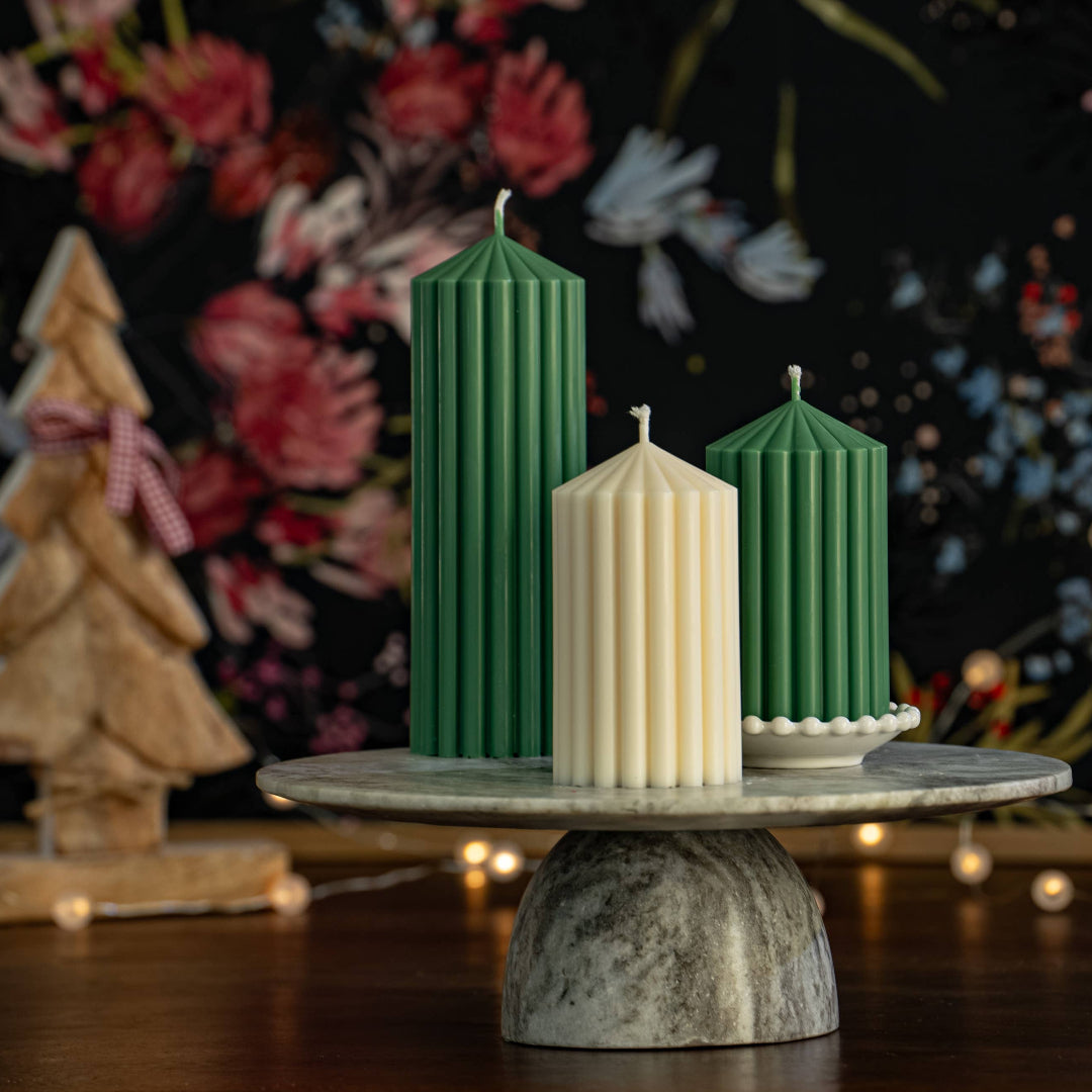 Long Lasting Ribbed Pillar Candles, Cream White, 13 cm