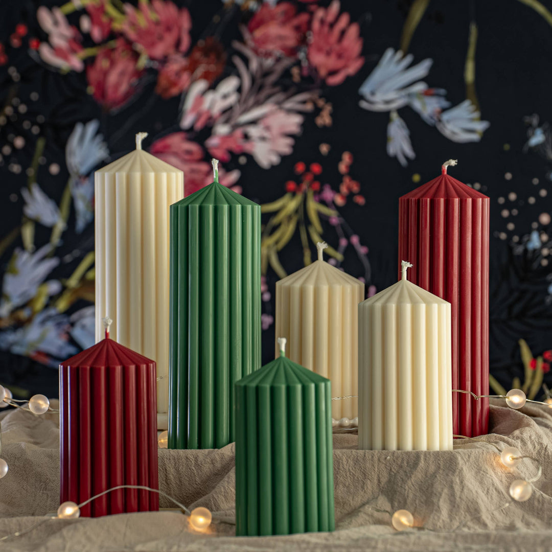 Long Lasting Ribbed Pillar Candles, Cream White, 13 cm