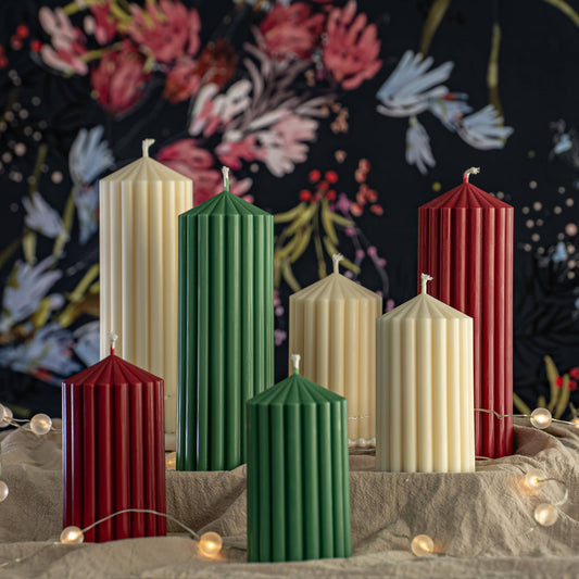 Long Lasting Ribbed Pillar Candles, Cream White, 13 cm