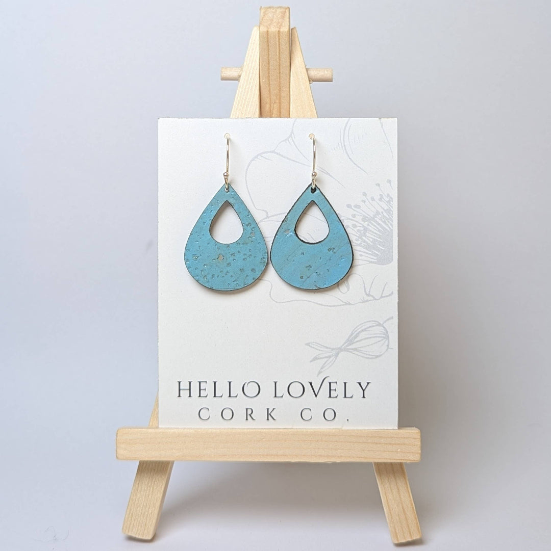 Hello Lovely Cork Co., Bright Teal Cork Earrings, Small Teardrop