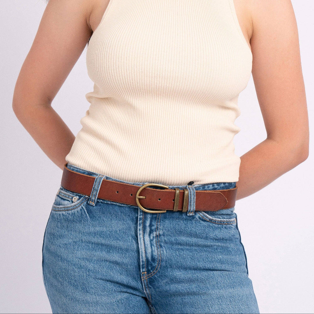 Pieta, Classic Leather Belt with Metal Keeper, Cognac, M-90