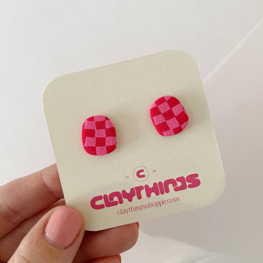 ClayThings Shoppe, Checker Print Studs, Pink & Red