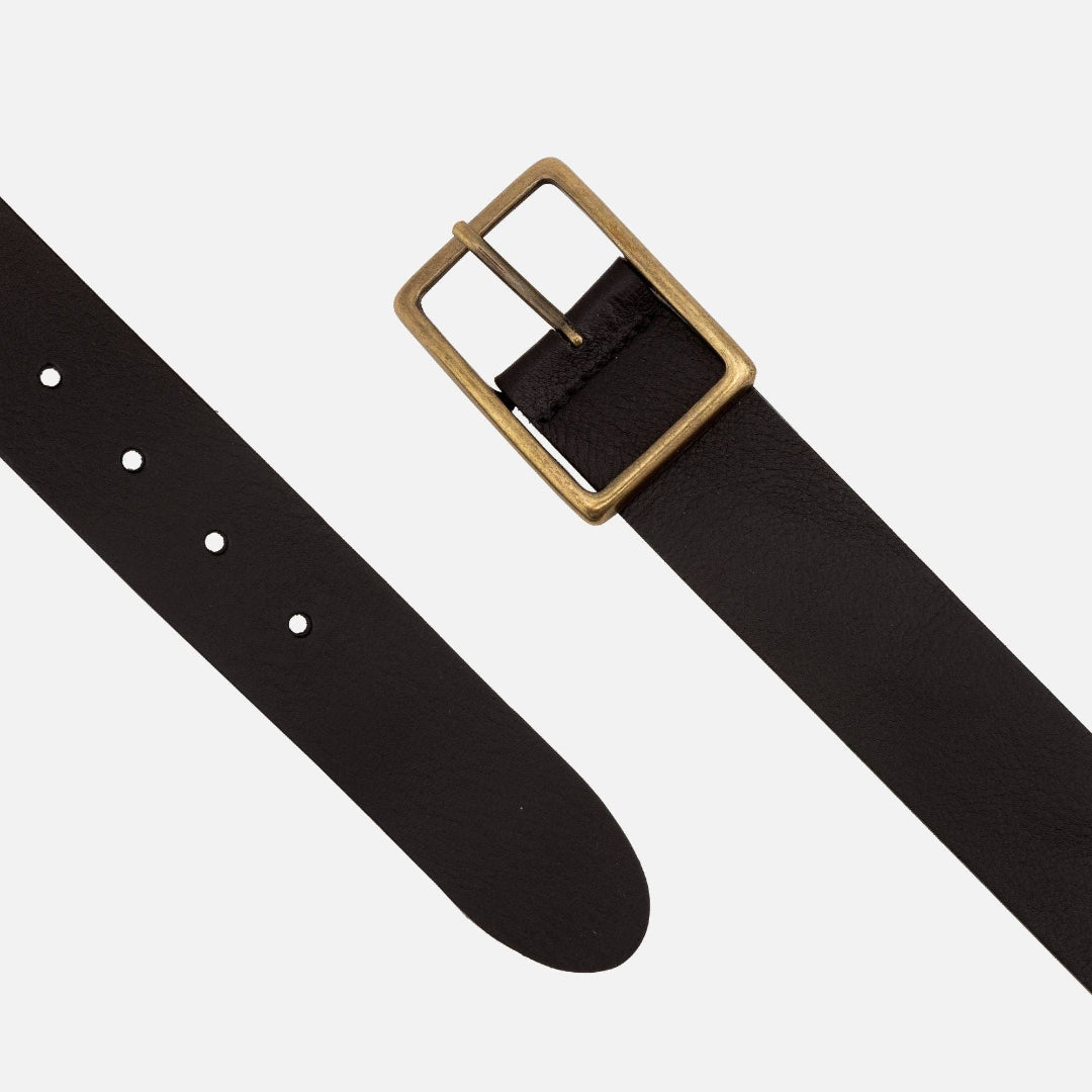 May, Classic Leather Belt with Rectangular Buckle, Black, M-90