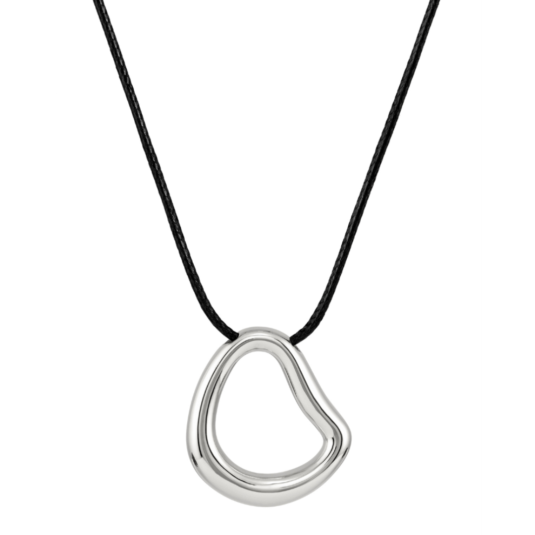A minimalist silver pendant necklace with an organic, open teardrop shape on a black cord, shown against a solid white background.