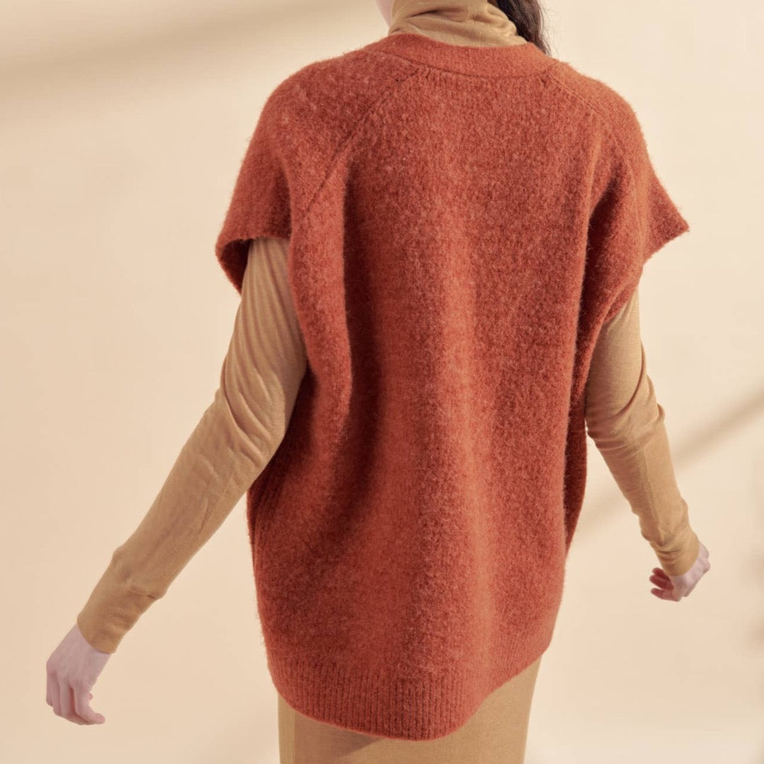 Alpaca Wool Blend Button-Down Sweater Vest, Brick