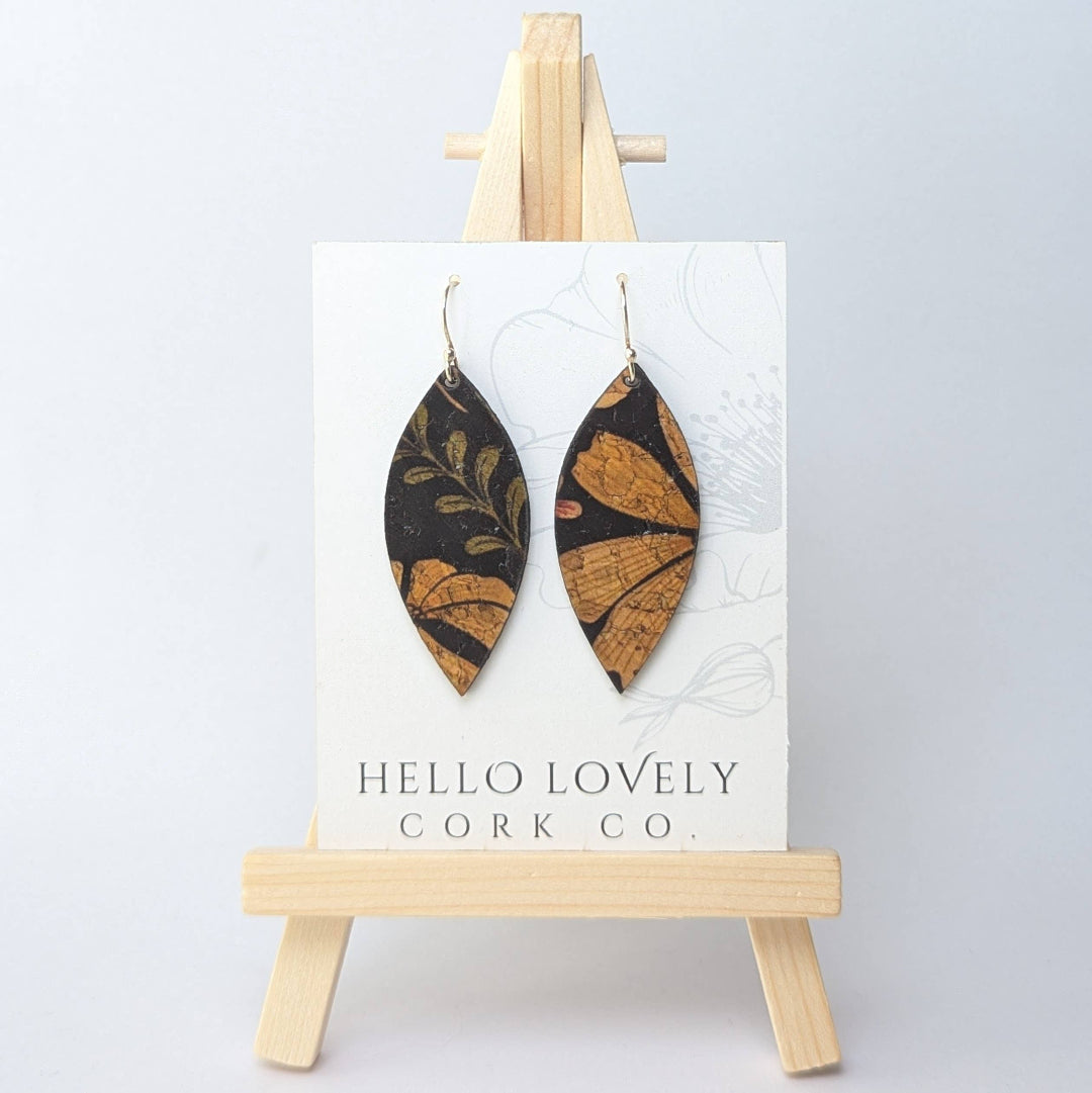 Hello Lovely Cork Co., Floral on Black Cork Earrings, Small Leaf