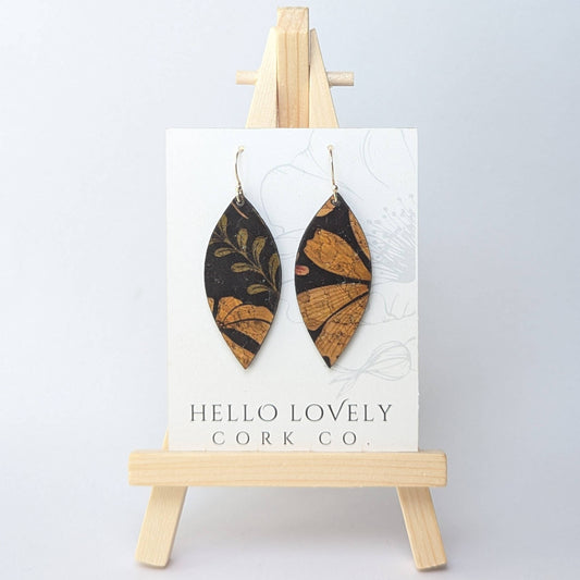 Hello Lovely Cork Co., Floral on Black Cork Earrings, Small Leaf
