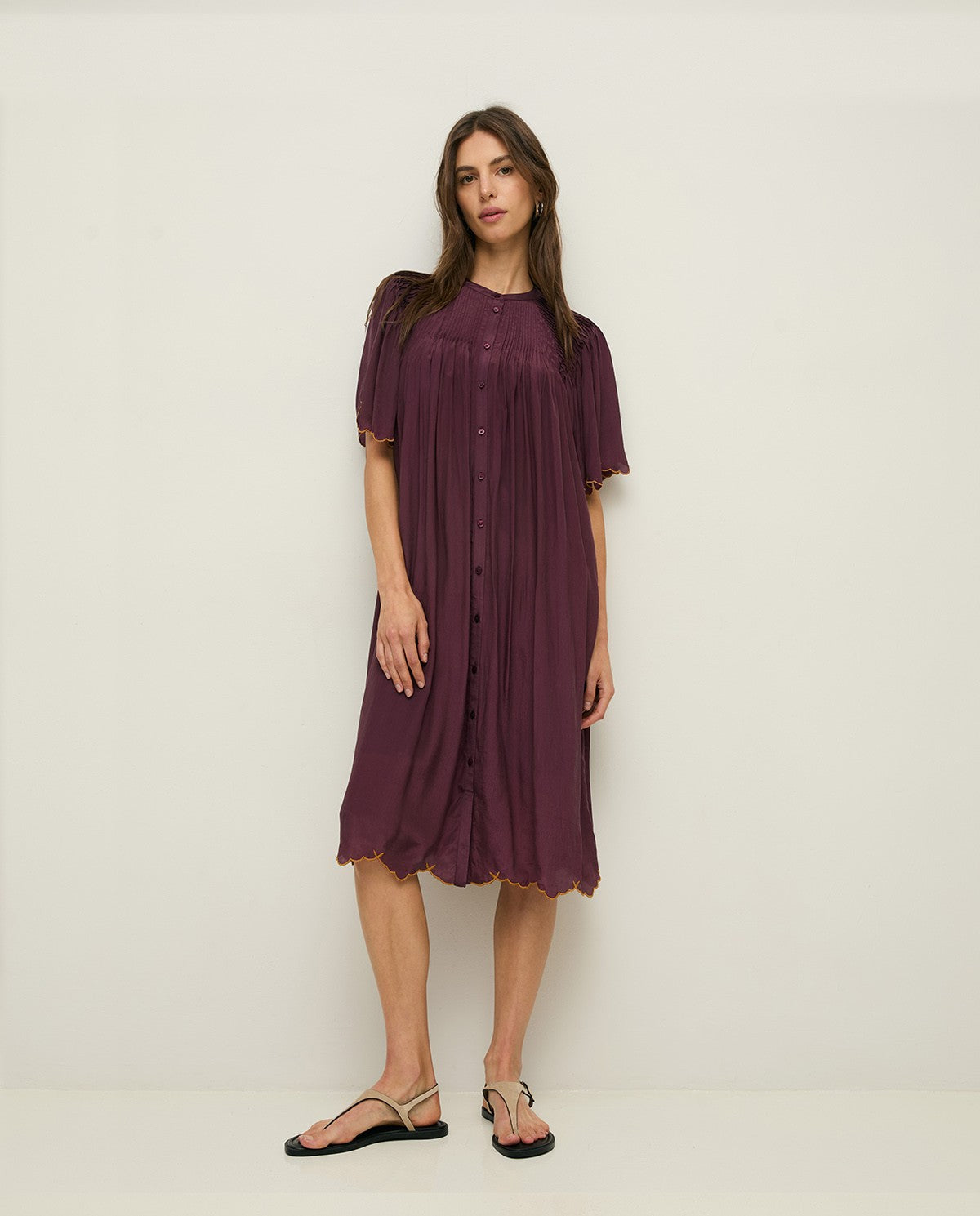 Yerse, Romantic Mao Collar Dress with Embroidery, Aubergine