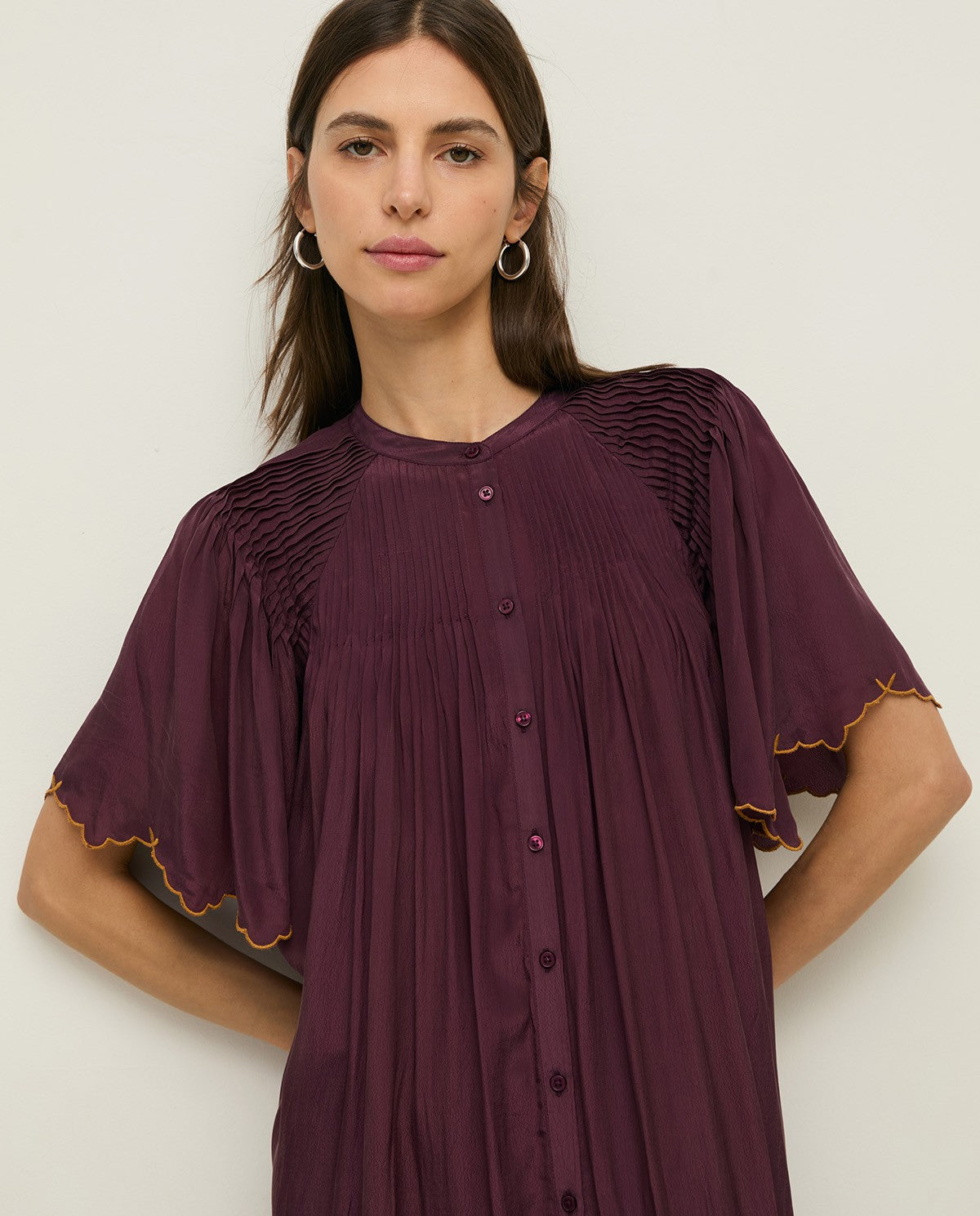Yerse, Romantic Mao Collar Dress with Embroidery, Aubergine