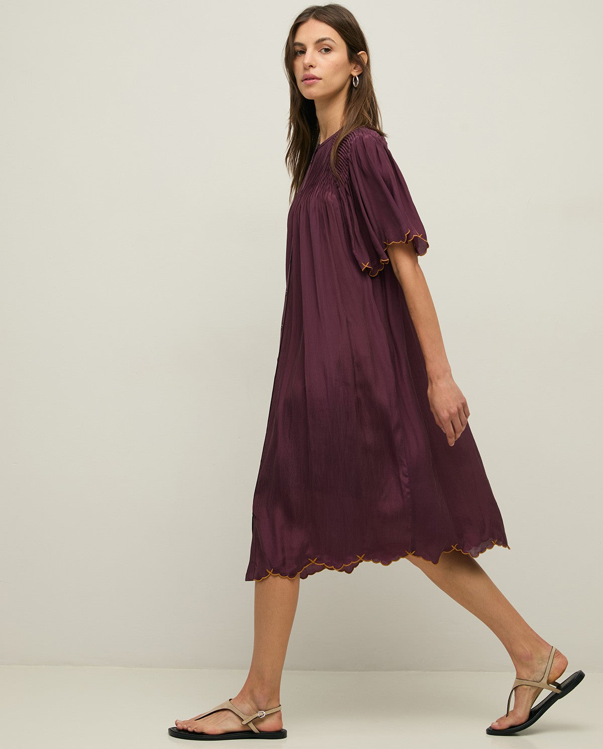 Yerse, Romantic Mao Collar Dress with Embroidery, Aubergine