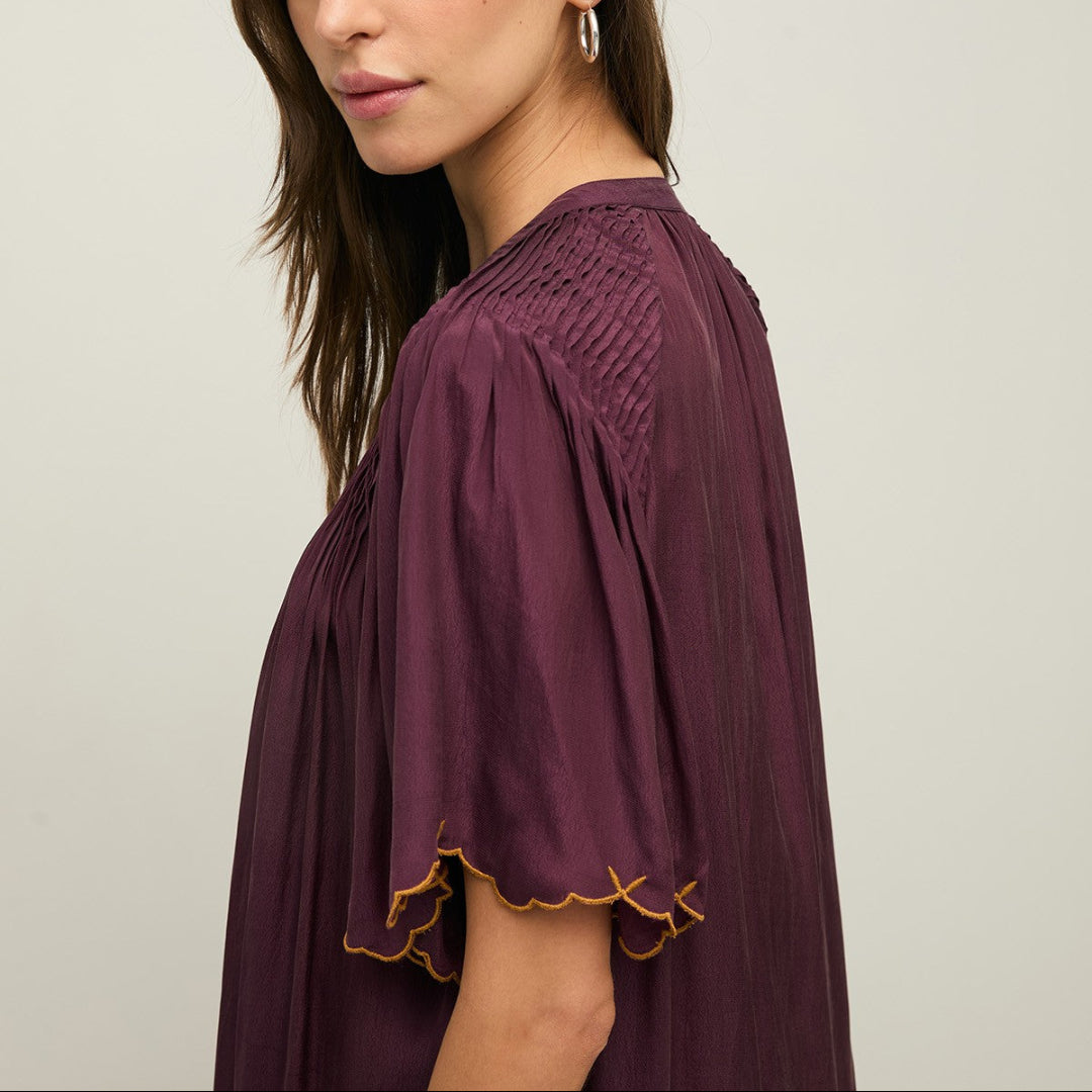 Yerse, Romantic Mao Collar Dress with Embroidery, Aubergine