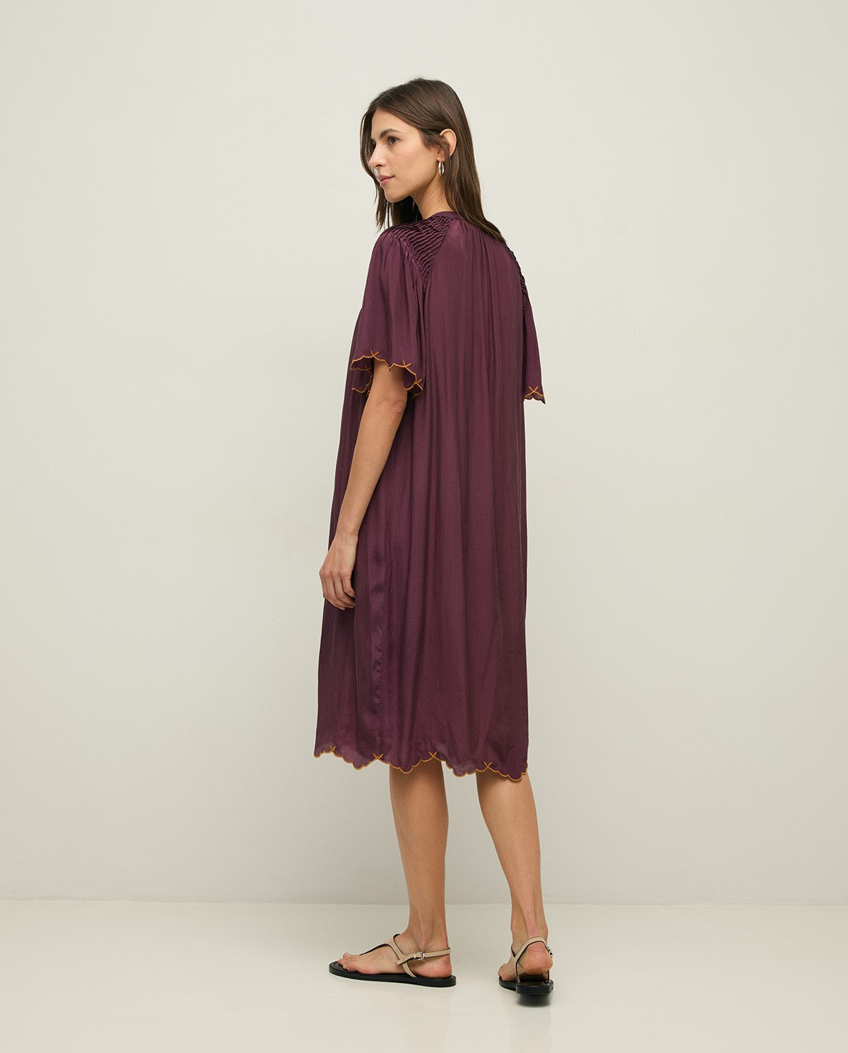 Yerse, Romantic Mao Collar Dress with Embroidery, Aubergine