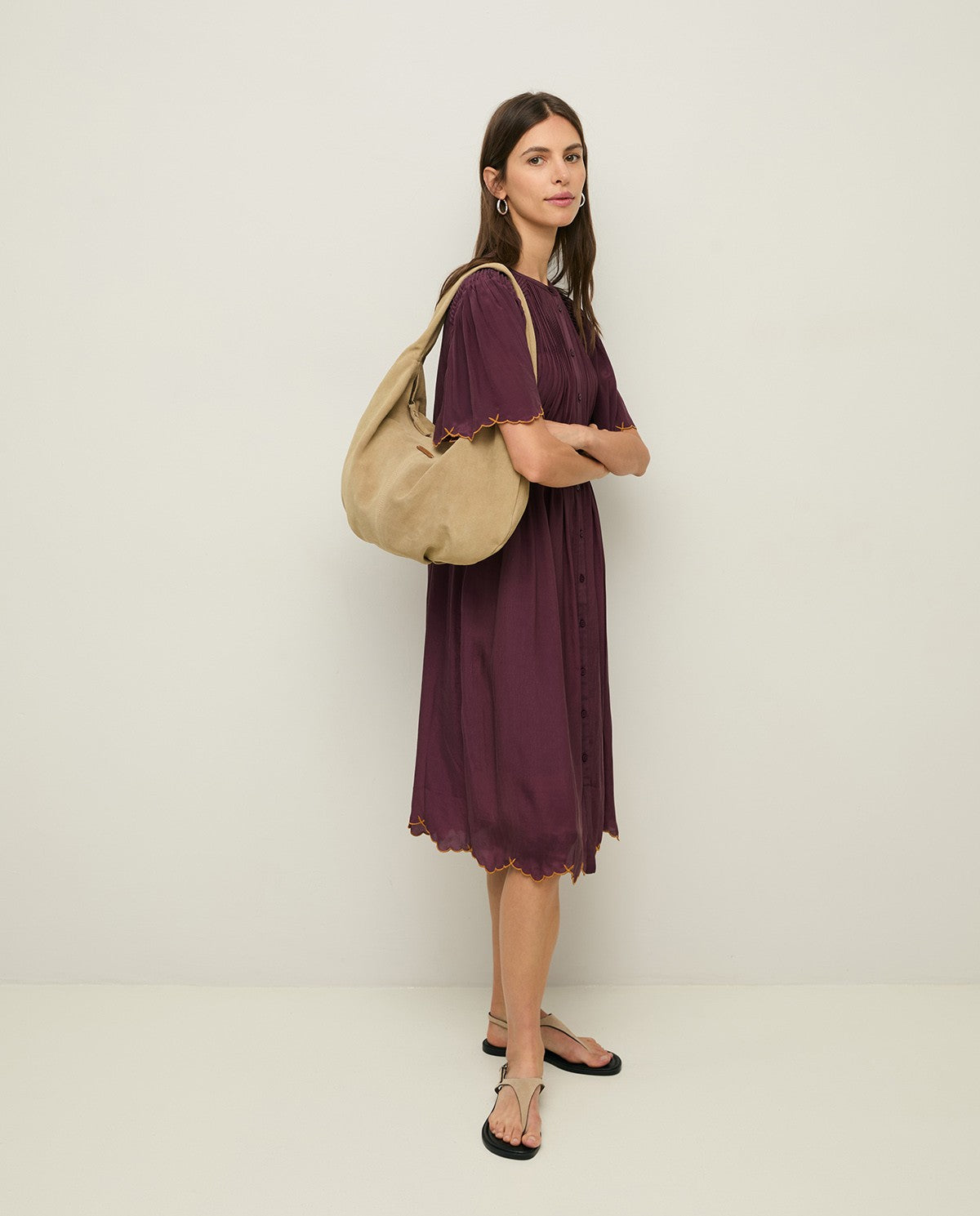 Yerse, Romantic Mao Collar Dress with Embroidery, Aubergine