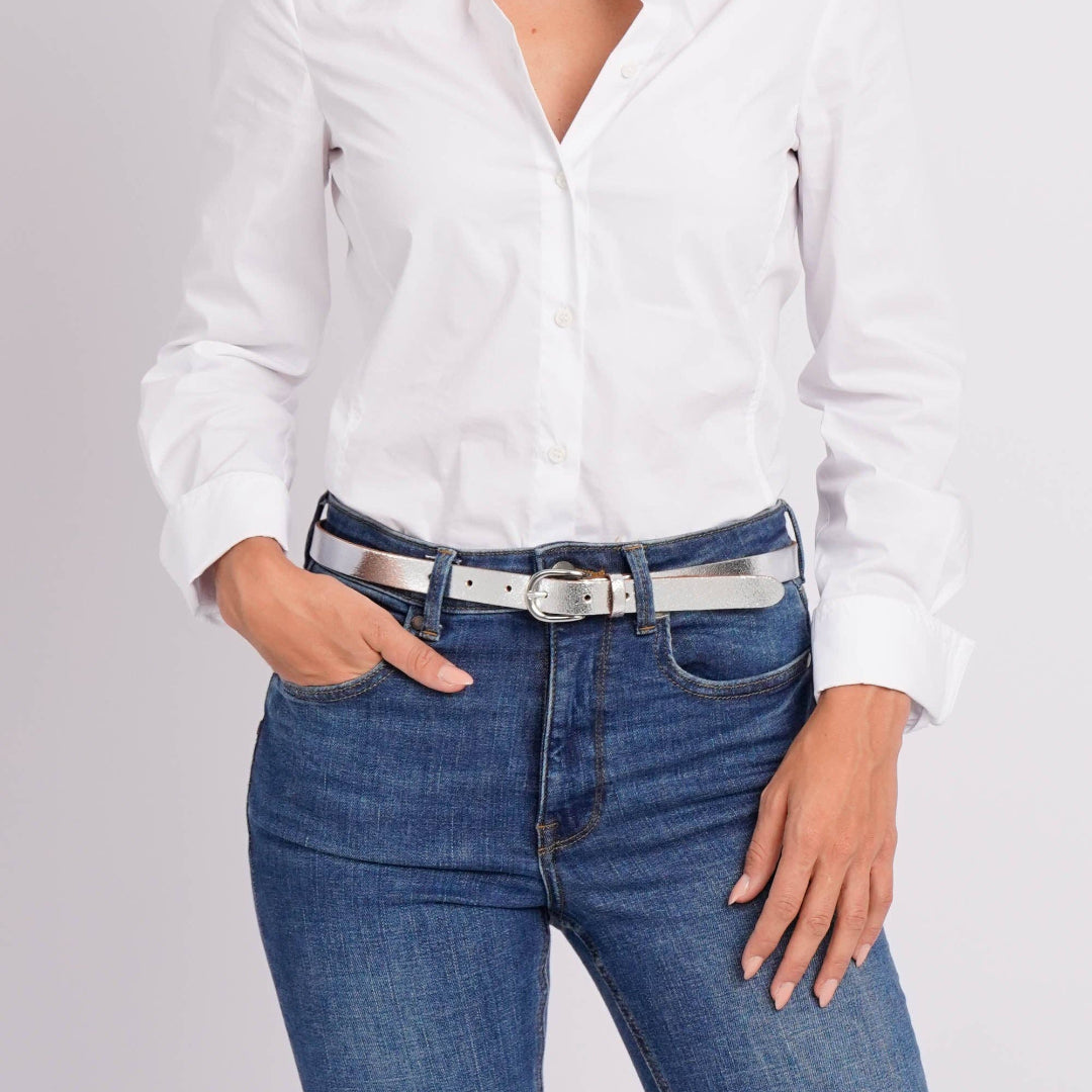 Eva, Metallic Leather Belt, Silver, M-90
