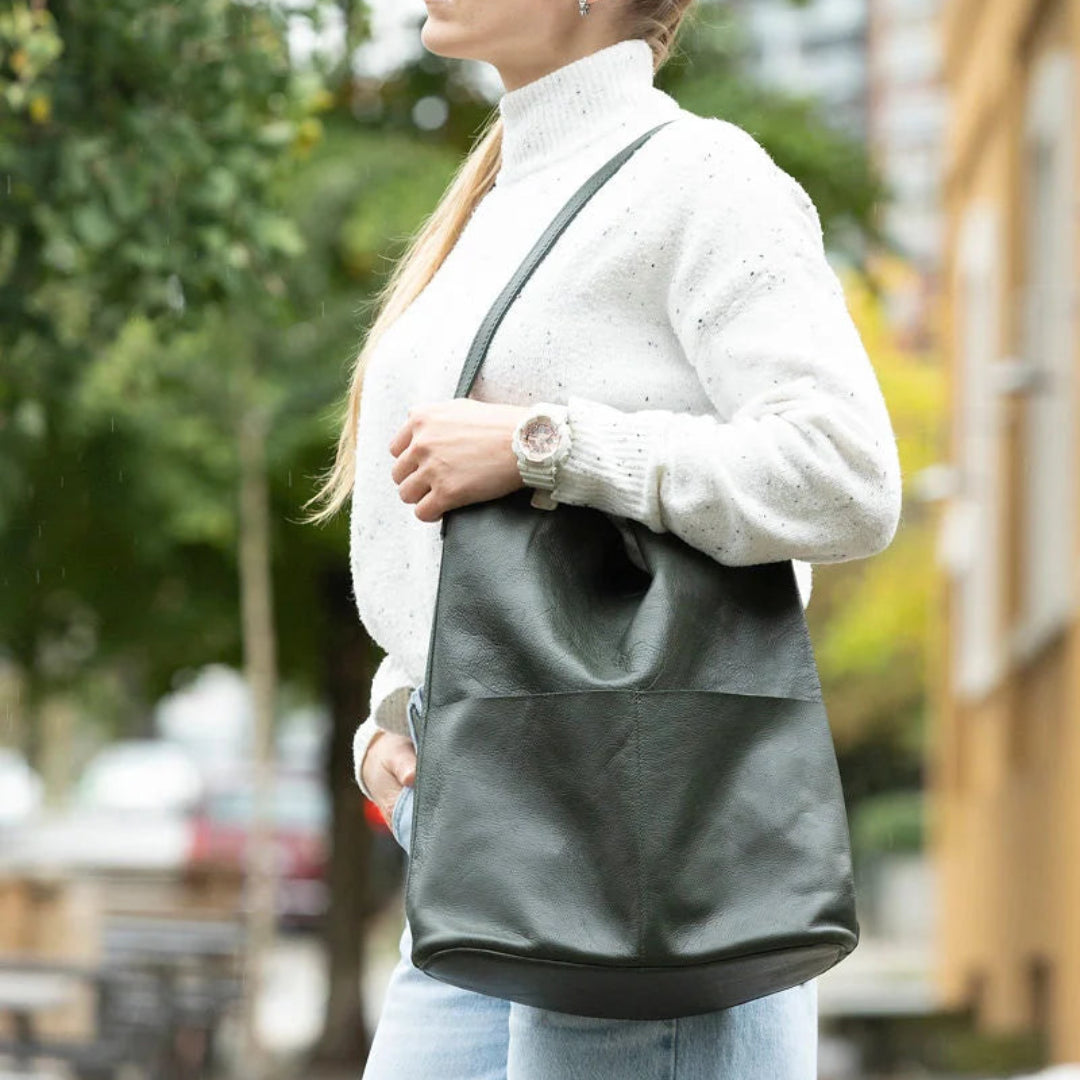 Risa, Leather Lila Pocket Tote, Hunter Green