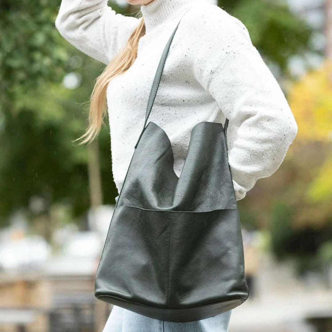 Risa, Leather Lila Pocket Tote, Hunter Green
