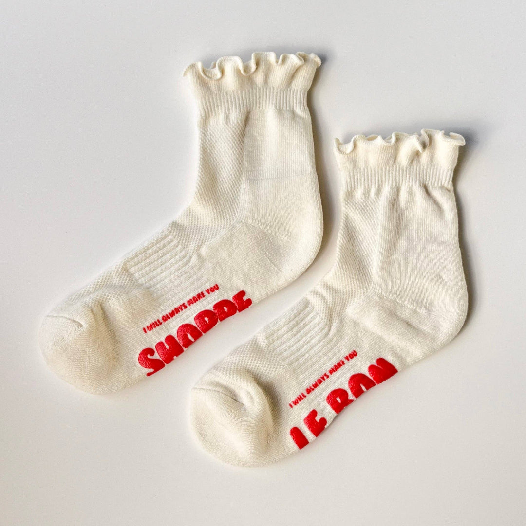 Le Bon Shoppe, Ruffled Hugger Crew Socks, Vanilla/Red