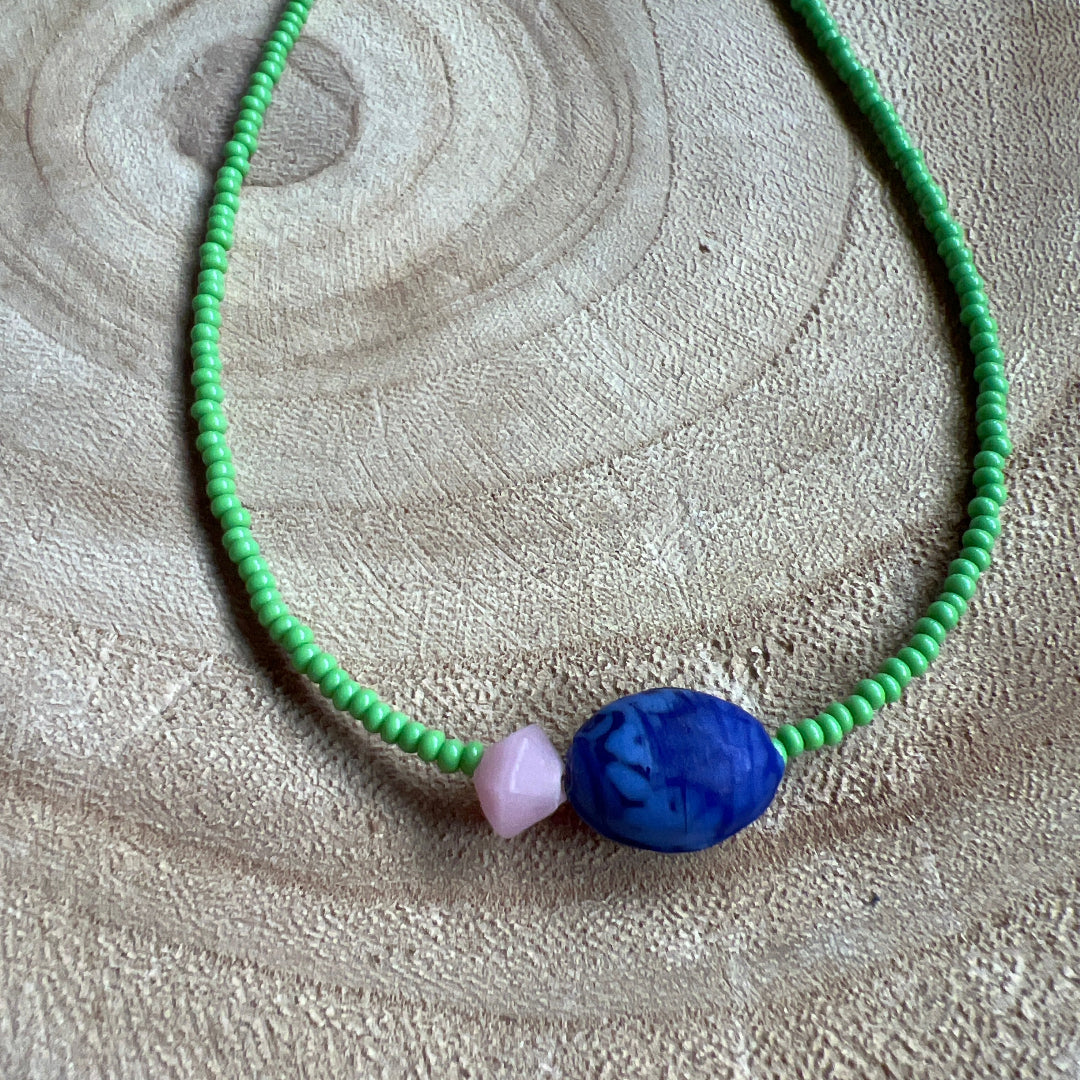 Modern Fable, Beaded Necklace, Green, Pink and Indigo #107