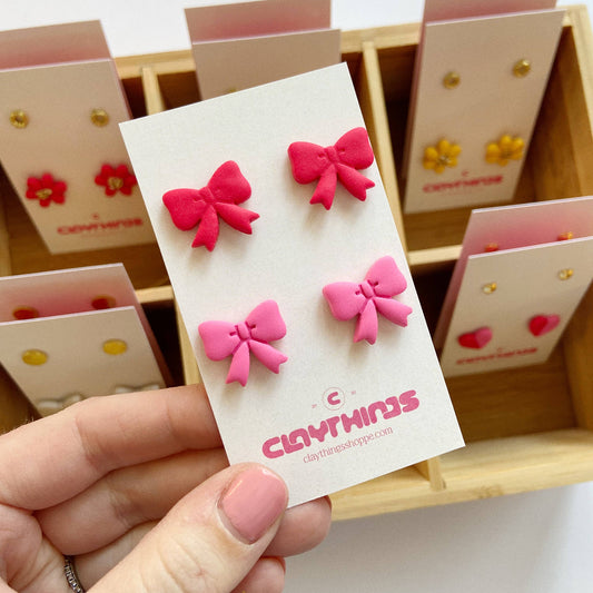 ClayThings Shoppe, Red and Pink Clay Bow Studs, Set of 2