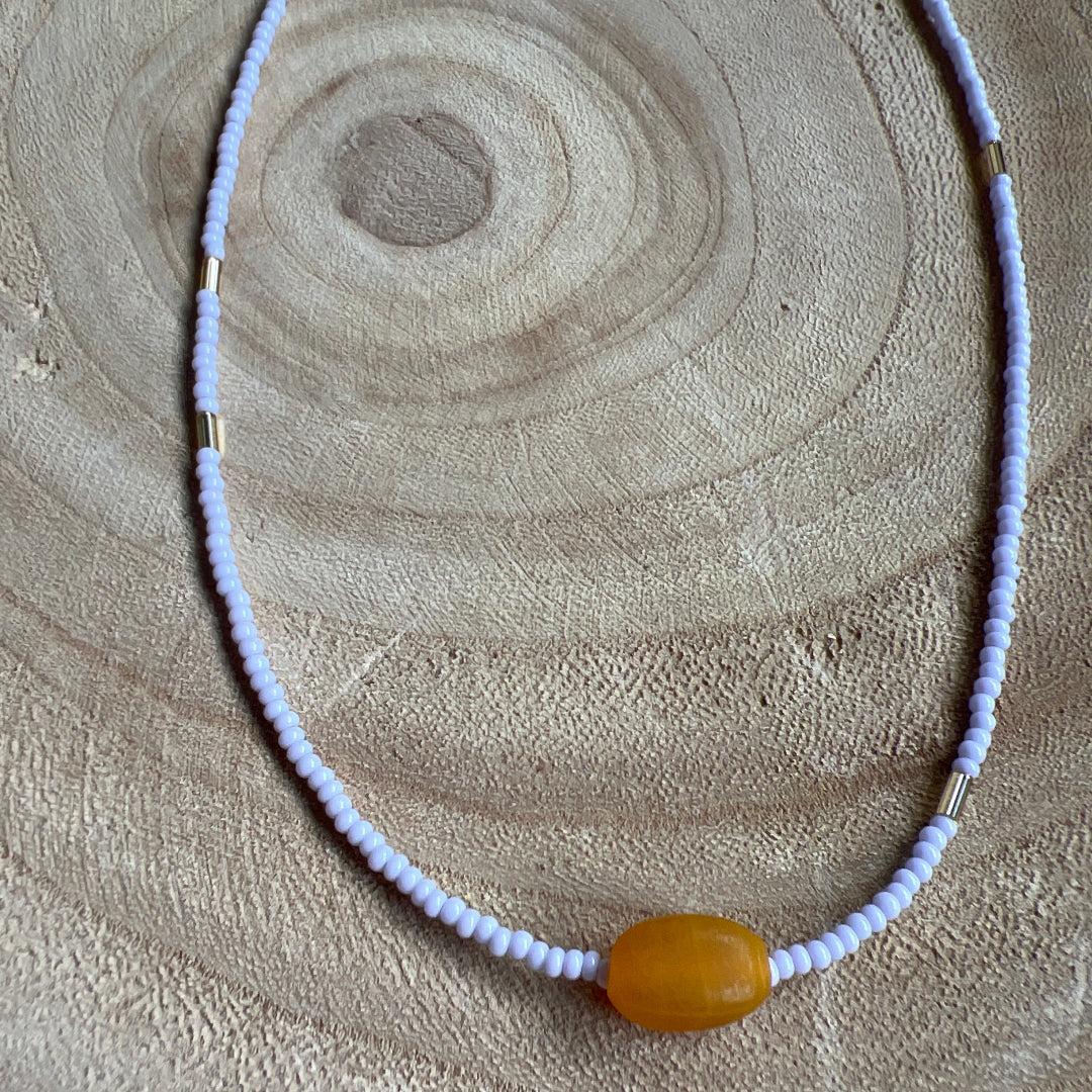 Modern Fable, Beaded Necklace, Light Lavender with Orange and Gold #109