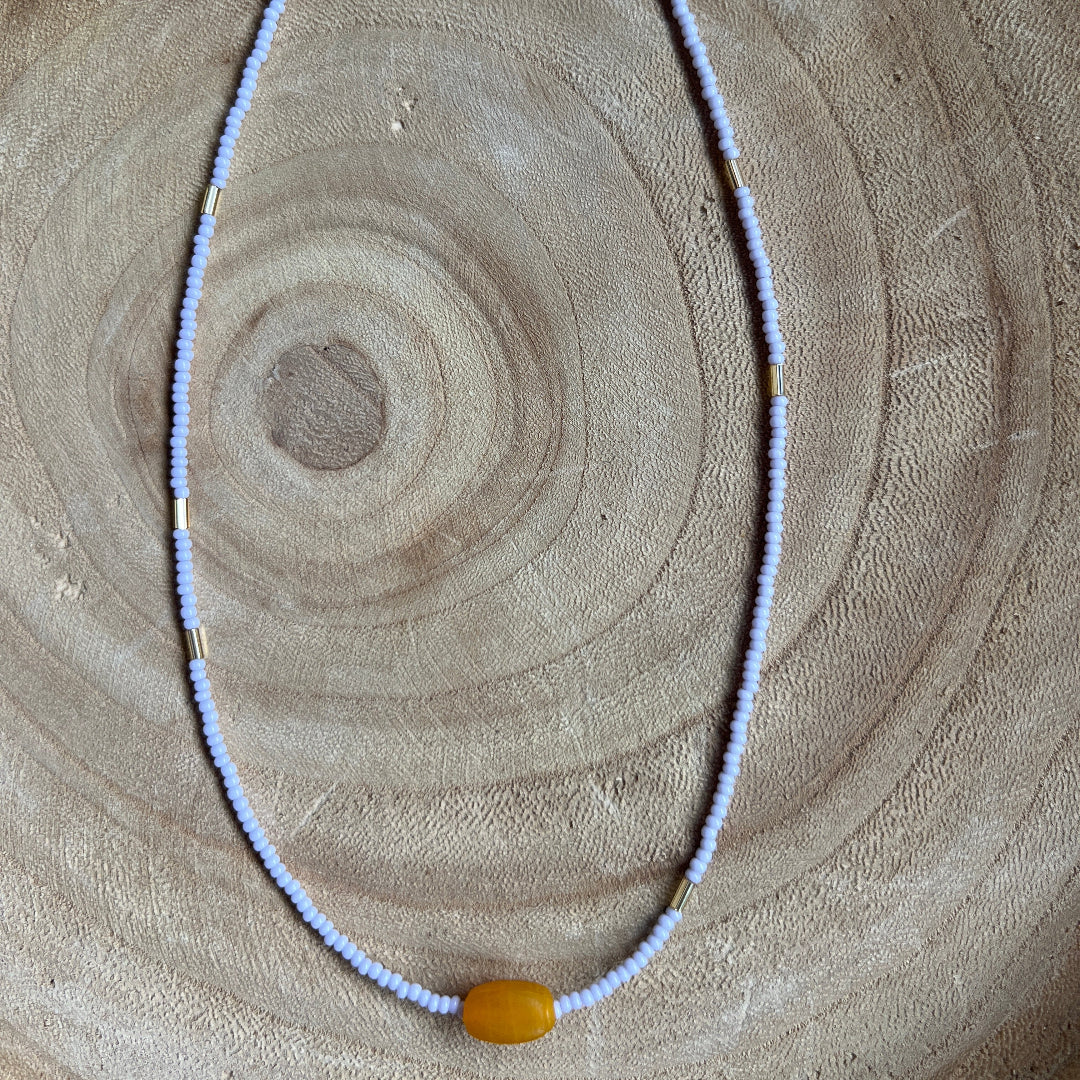 Modern Fable, Beaded Necklace, Light Lavender with Orange and Gold #109